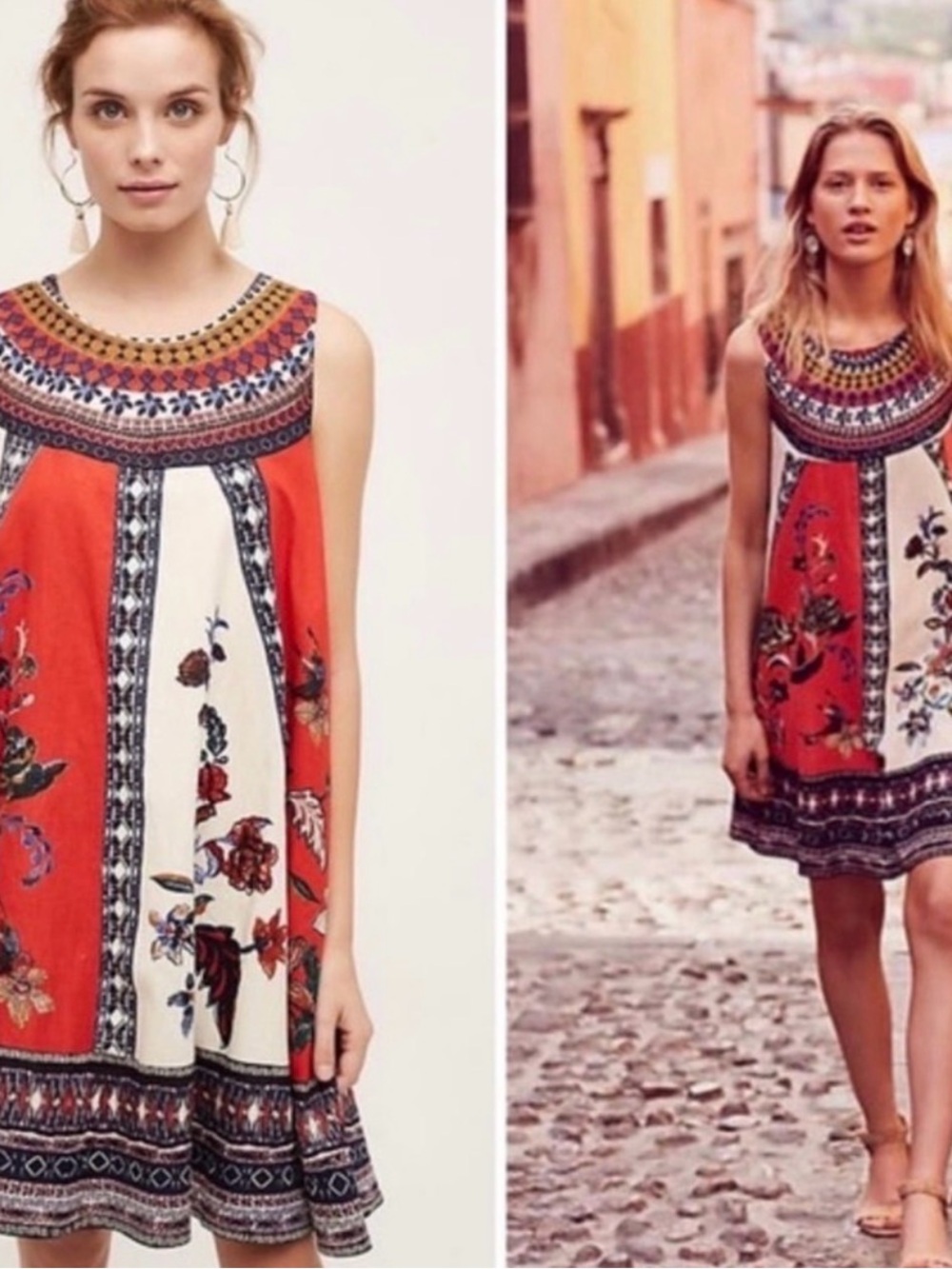 Anthropologie Cirque Mauve Swing dress Sleeveless Floral Red & Cream A-line S/P